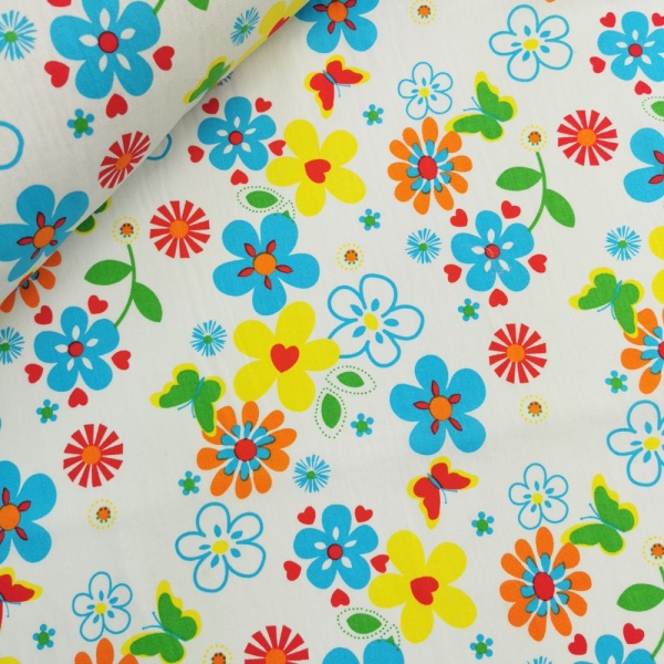 Flowers and Butterflies on White 100% COTTON